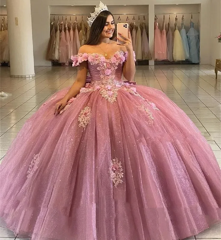 Affordable Luxury Women's Garments Elegant Ensemble New In Dusty Pink Quinceanera Dresses Off The Shoulder Glitter Tulle Princess Ball Gown Pageant Birthday Party Sweet Robes De Ba