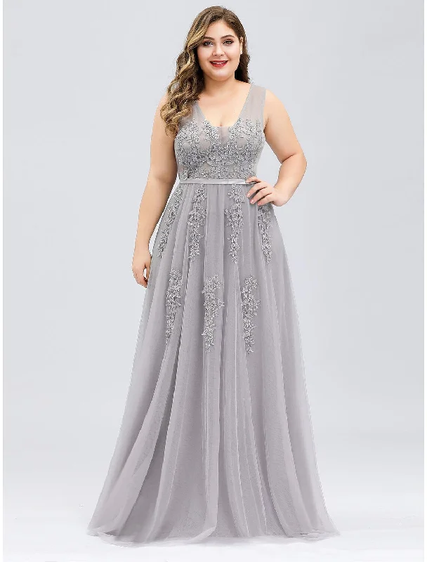 Women's Occasion Wear Apparel Holiday Sale A-Line Prom Dresses Plus Size Dress Prom Floor Length Sleeveless V Neck Tulle V Back with Beading Appliques