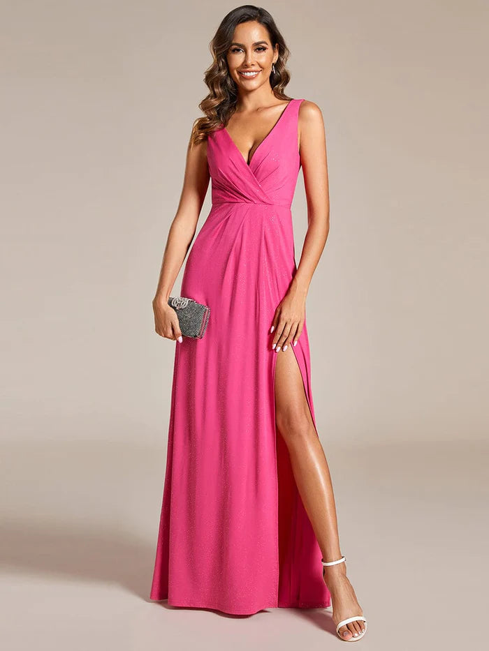 Affordable Women's Clothes Mother'S Day Special Glittery Sleeveless Double V-Neck Side Slit A-Line Formal Evening Dress