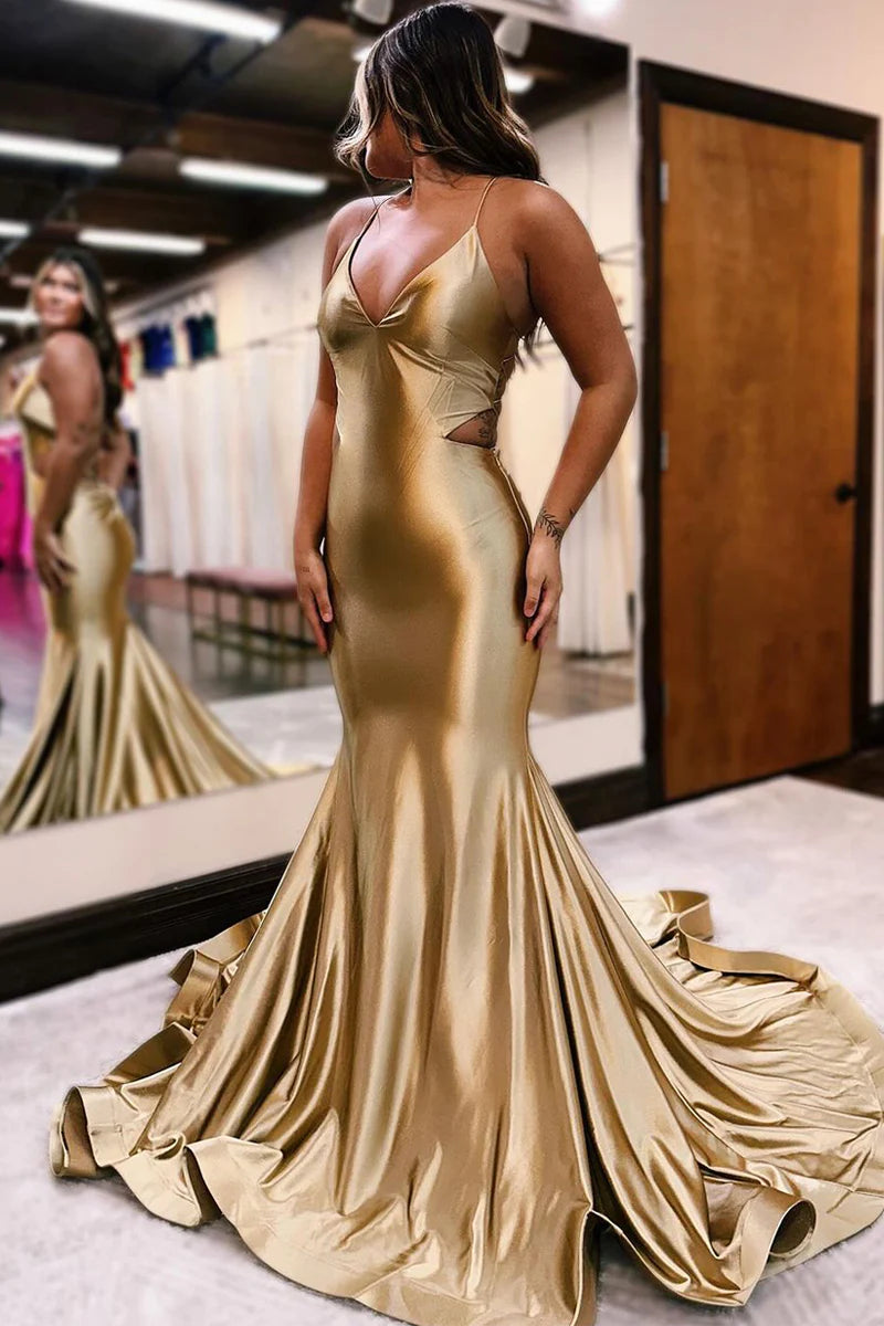 Chic Women's Outfit Trend Alert Golden Satin V Neck Cutout Mermaid Prom Dresses