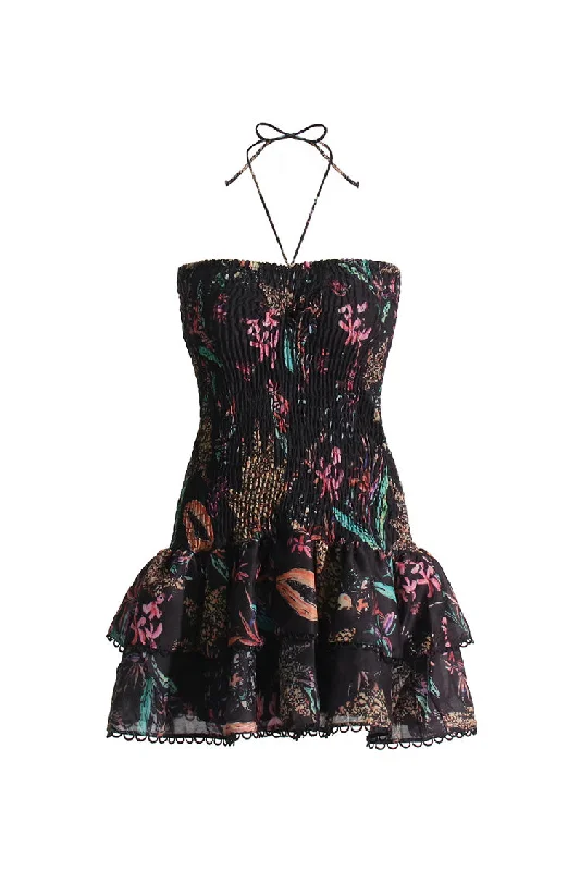 Women's Party Clothes Contemporary Chic Vintage Halter Tie Scalloped Strapless Smocked Ruffle Floral Print Mini Dress