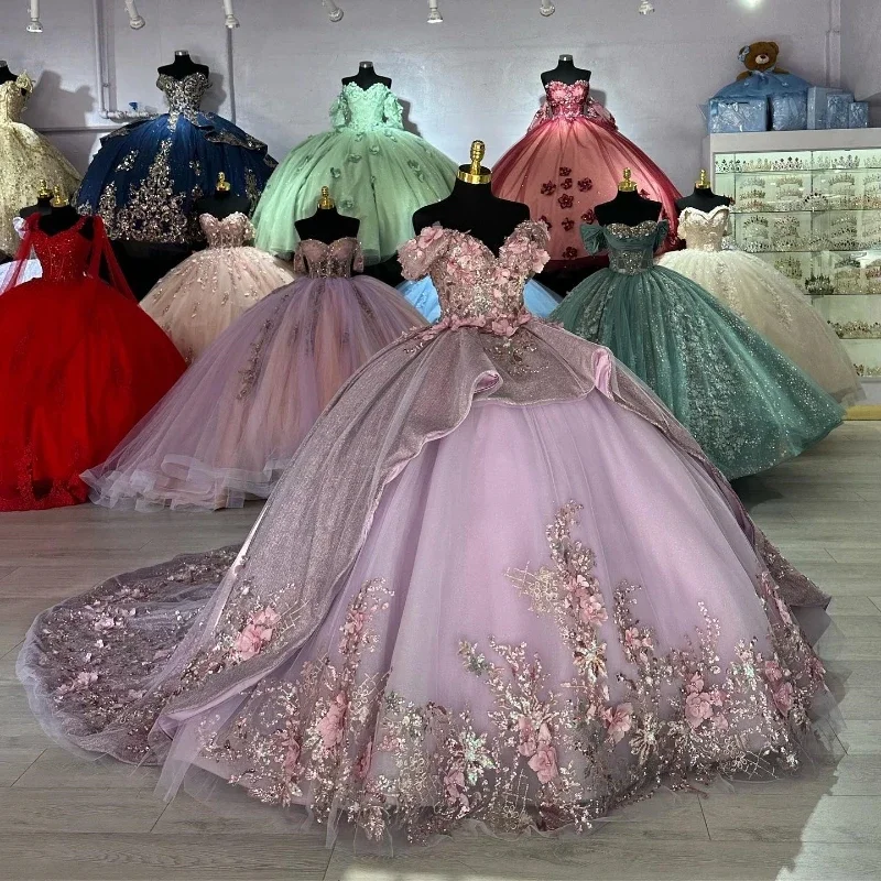 Women's Layered Outfit Versatile Wardrobe Essentials Lavender Sparkly Princess Off Shoulder Quinceanera Dresses Sweetheart Lace Applique Beads Sweet 16 Ball Gown Vestidos De 15 Años