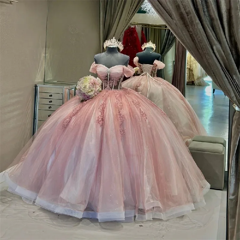 Women's Clothes And Apparel Sets Alluring Design Pink Charro Quinceanera Dresses Ball Gown Off The Shoulder Tulle Appliques Mexican Sweet 16 Dresses 15 Anos