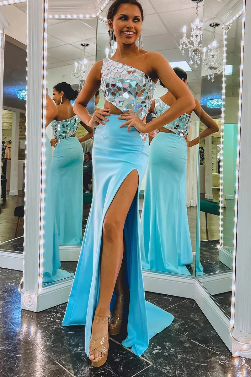 Women's Layered Outfit Summer Fashion Cute Mermaid One Shoulder Blue Satin Long Prom Dresses with Beaded