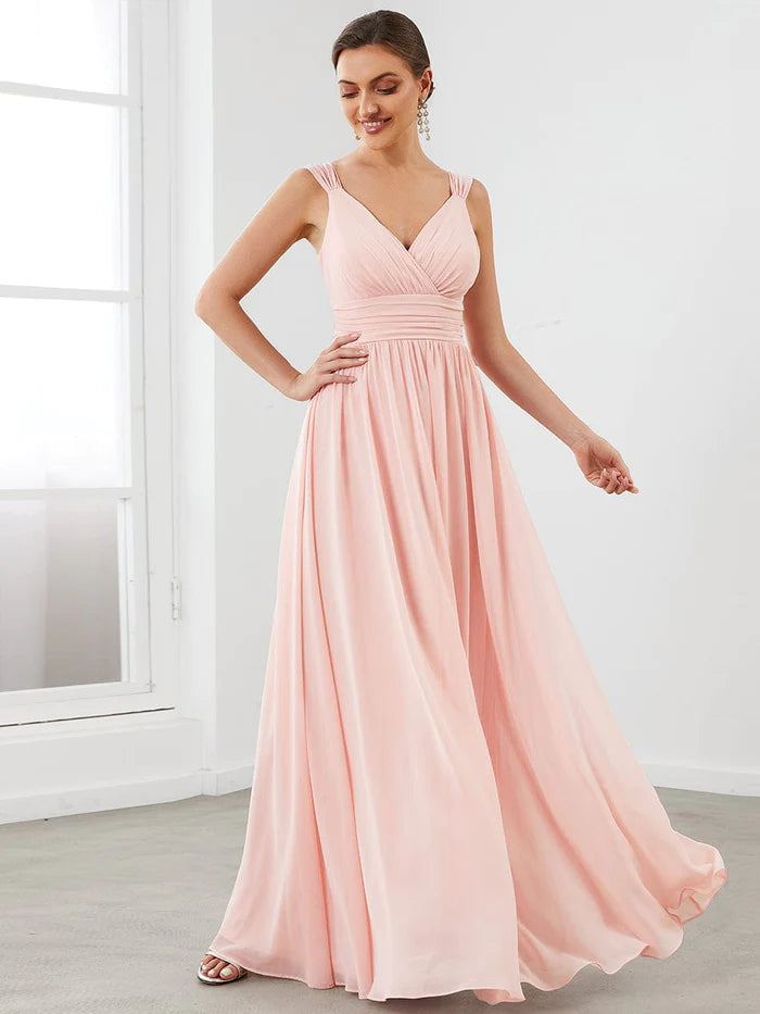 Women's Evening Garments Minimalist Chic Sleeveless Chiffon Tie Waist V-Neck A-Line Evening Dress