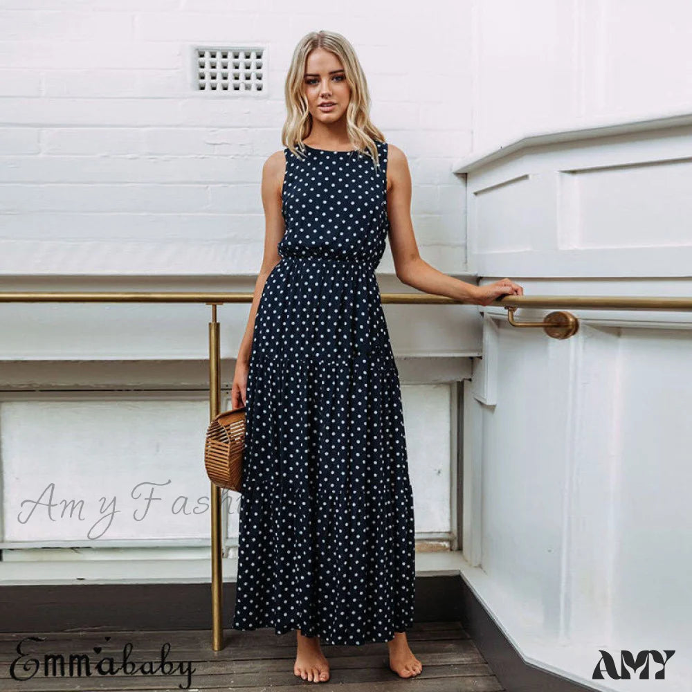 Women's Sporty Chic Clothes Fashion Sale Amy Fashion - Loose Sleeveless Holiday Dot Print Long Maxi Dress