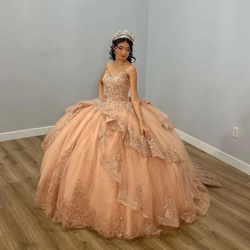 Women's Activewear Garments High-End Women’S Wear Mexico Champagne Shiny Off The Shoulder Ball Gown Quinceanera Dress Appliques Lace Beaded Birthday Party Gowns Sweet 16 vestidos