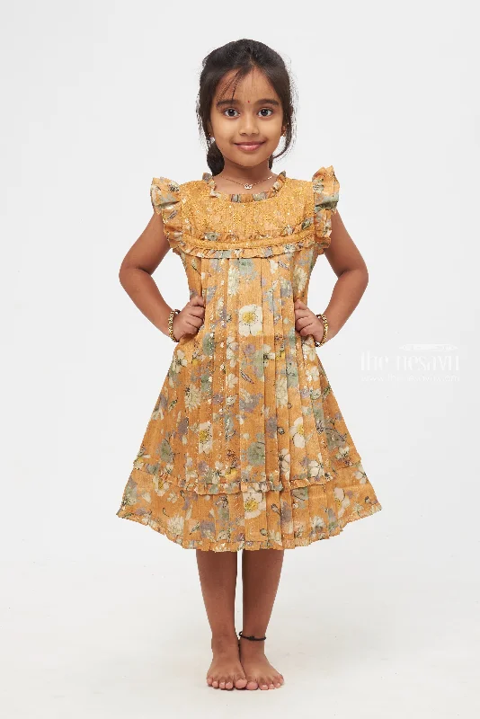 Women's Contemporary Clothing Mid - Season Sale Sunlit Garden Elegance : Charming Floral-Printed Yellow Frock for Girls