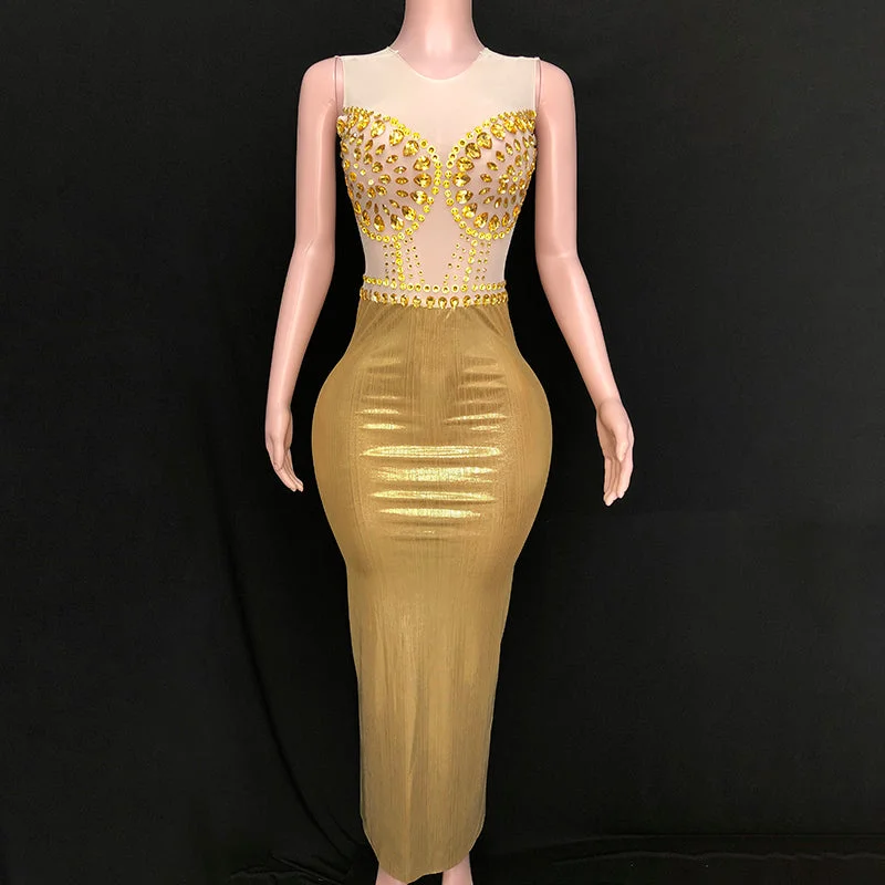 Women's Seasonal Apparel Minimalist Chic NOVANCE latest dresses 2023 sexy scoop neck long shiny diamonds golden dress robe for prom party graduation gown banquet