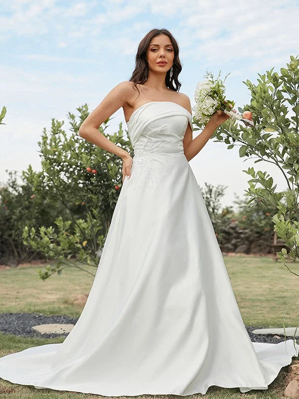 Women's Office Outfit Seasonal Trend A-Line/Princess Satin Ruched Strapless Sleeveless Sweep/Brush Train Wedding Dresses