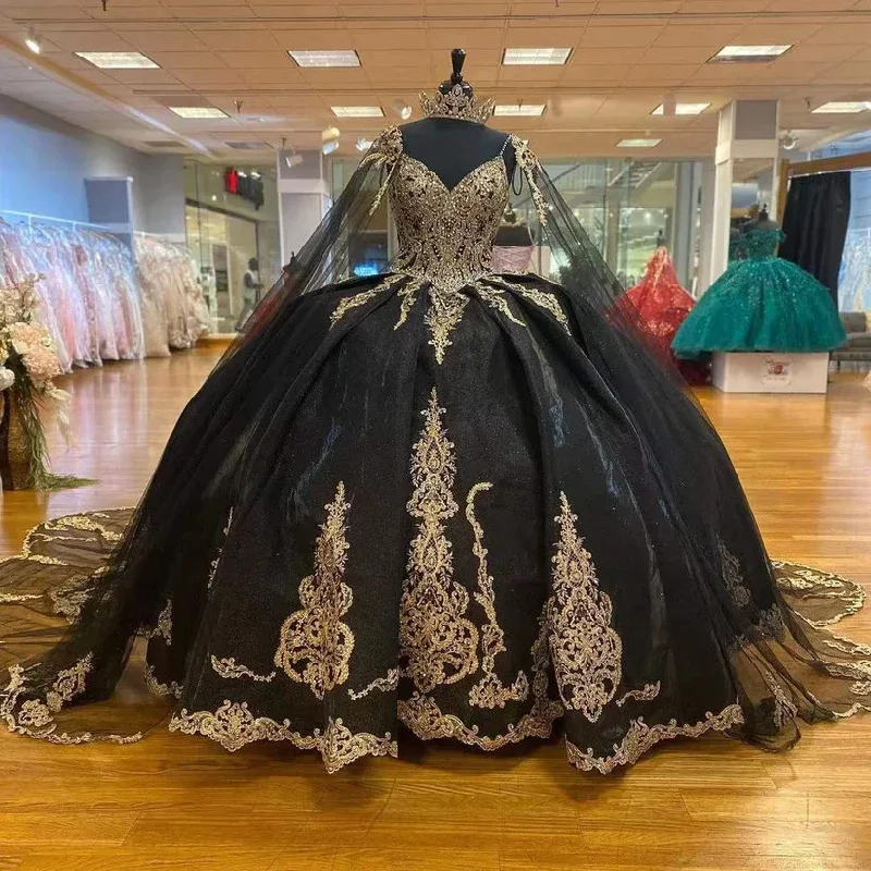 Women's Plus-Size Clothes Massive Savings Gorgeous Black Quinceanera Dresses Gold Applique Ball Gown Princess Birthday Party Sweet 16 vestidos de 15 With Cape Gothic