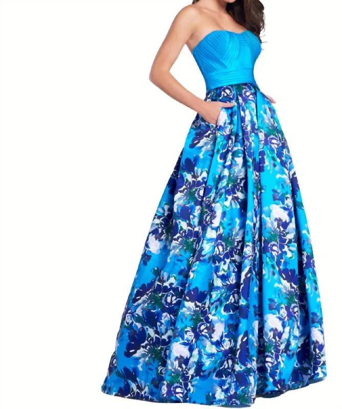 Women's Everyday Attire Trend Setting Wardrobe Strapless Floral Ballgown In Turquoise/floral