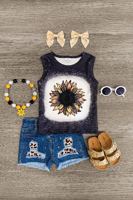 Women's Office Outfit Romantic Date - Night Ensemble Sunflower Cheetah Tank Denim Short Set