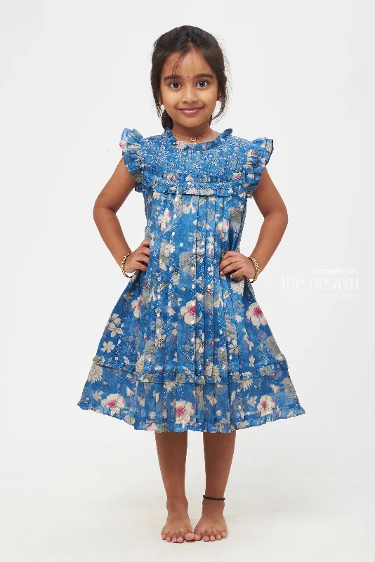 Women's Holiday Clothing End - Of - Month Blowout Elegant Floral-Printed Blue Frock with Pleats for Girls