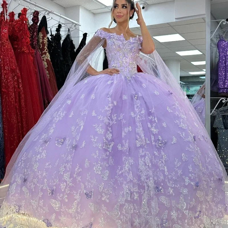 Women's Athletic Outfit Effortless Style, Endless Impact Lavender Shiny Off Shoulder Quinceanera Dresses Lace Bow Beads Tull With Cape Corset Prom Party Gown 16 Vestidos De XV Anos