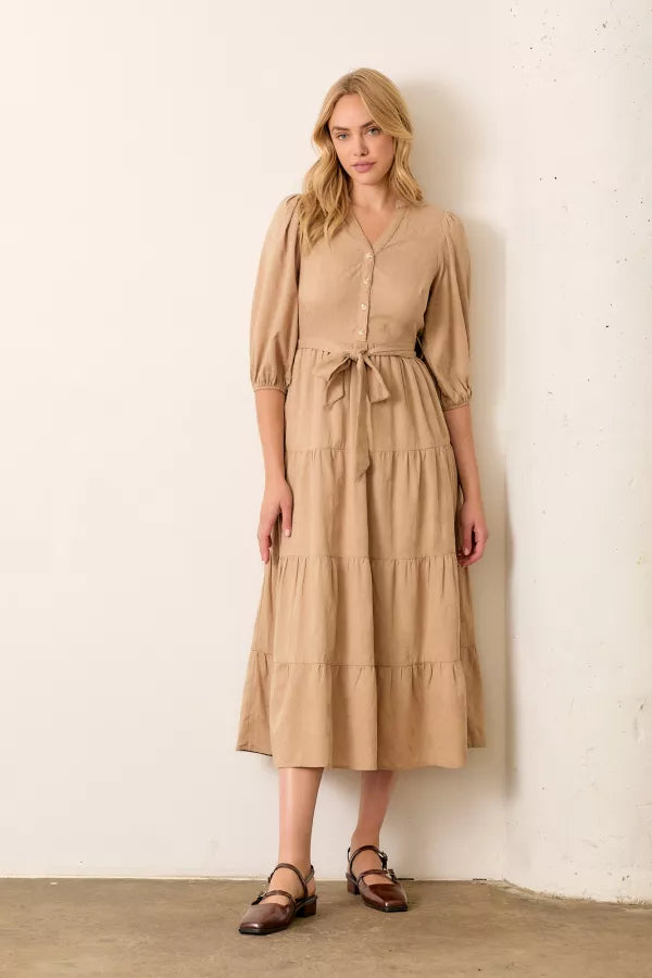 Women's Clothing For Holiday Travel New Season Fashion Preview Sale The Renna Button Front Maxi Dress in Taupe