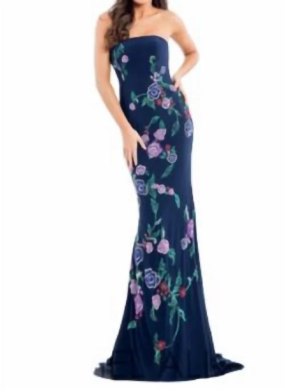 Women's Fashionable Attire For Work Quality Wear Strapless Beaded Gown In Navy