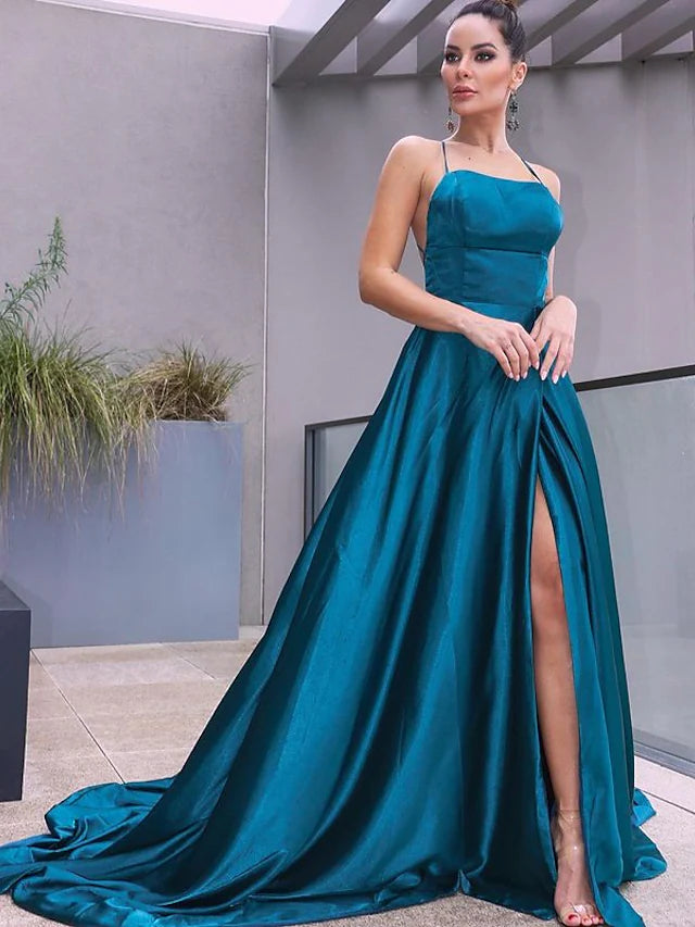 Women's Vacation Outfit Set Save Big Prom Dresses Beautiful Back Dress Party Wear Court Train Sleeveless Spaghetti Strap Satin with Slit