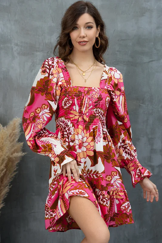 Charming Women's Garments Clearance Event Floral Square Neck Flounce Sleeve Dress