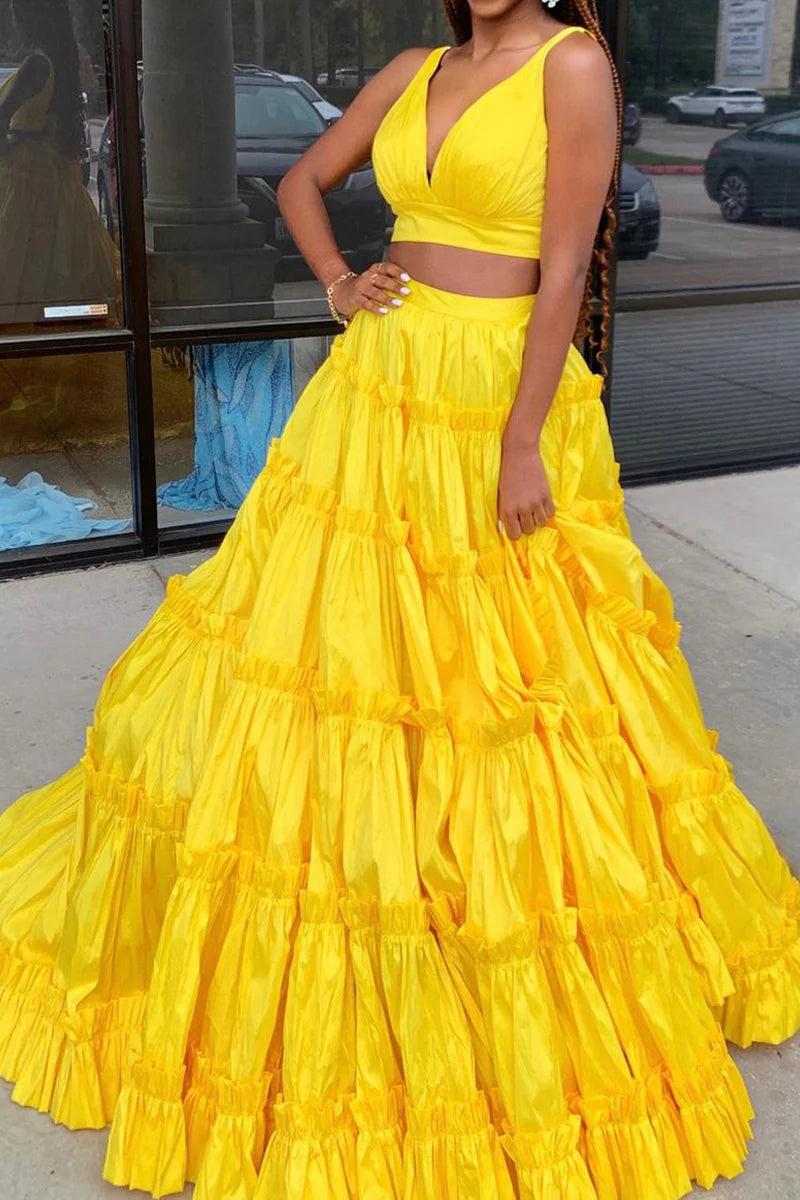 Women's Elegant Outfit Fashion Forward Yellow Two Piece Satin Long Prom Dress with Bow Tie