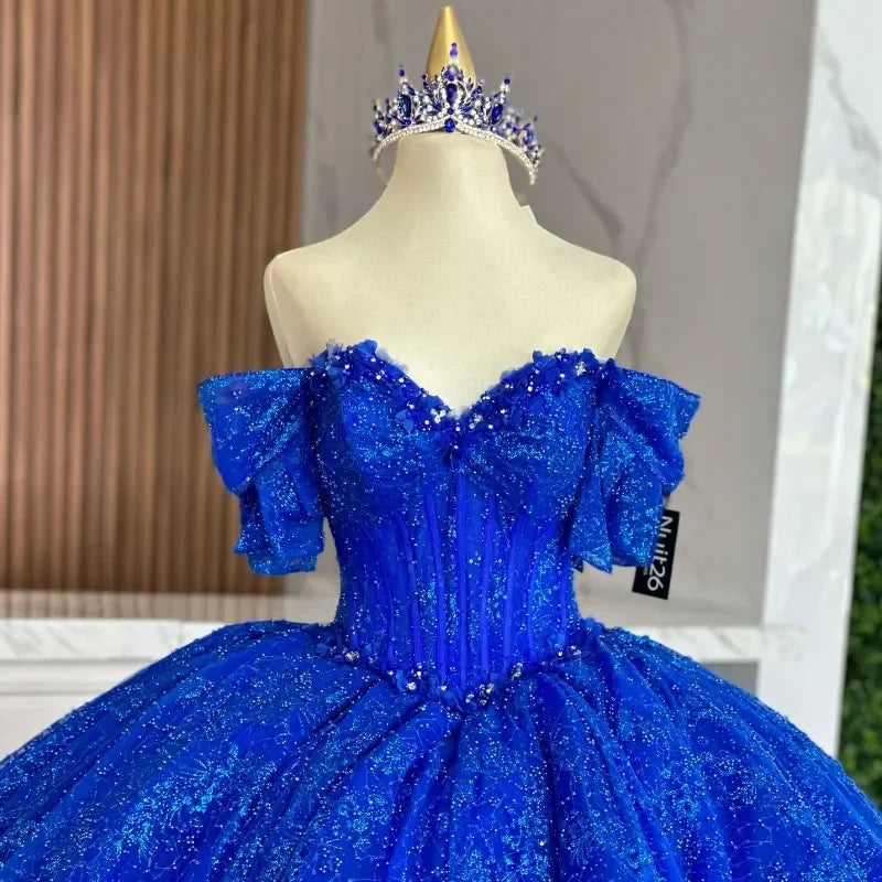 Vintage-Inspired Garments Trendy Women’S Wear Mexican Royal Blue Vestidos De 15 Quinceañera Sequined Ruffles Lace-Up Backless Ball Gown Tull Vestido De Princesas Customized