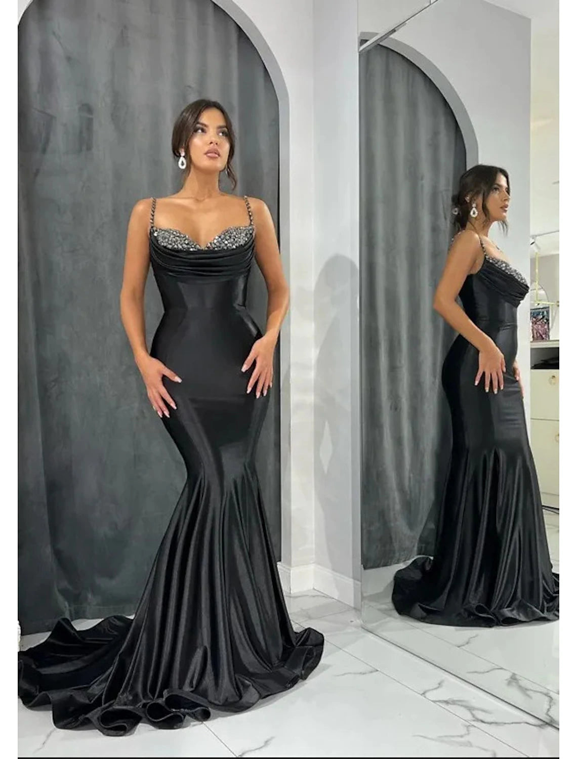 Women's Plus-Size Outfit Casual Chic Mermaid / Trumpet Evening Gown Open Back Dress Formal Evening Black Tie Gala Court Train Sleeveless Sweetheart Satin with Glitter Crystals