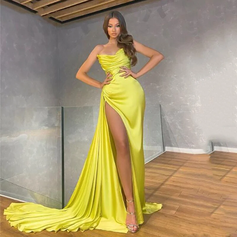 Charming Women's Garments Sophisticated Outfits Sexy Golden V Neck Mermaid Evening Dress Strapless High Side Split Prom Dresses Dubai Celebrity Dresses Party Gowns,BG056