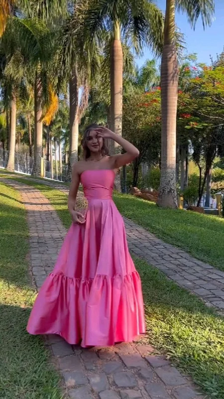 Women's Casual Wear Outfit Hot Trends Classy Ball Gown Strapless Pink Floor Length Satin Slit Prom Dresses Evening Gowns      S7023