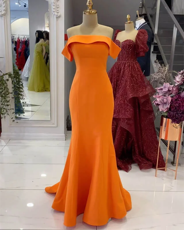 Women's Cozy Winter Attire Chic Styles Mermaid Off-The-Shoulder Orange Satin Floor-length Prom Dress