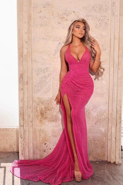 Women's Evening Clothes Limited Time Deal Fuchsia V-Neck Sleeveless Mermaid Prom Dress with Sequins and High Split