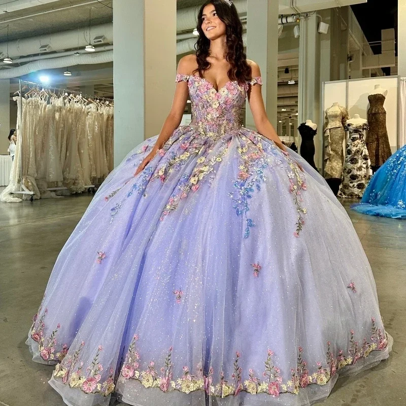 Women's Activewear Outfit Timeless Elegance Redefined Lavender Shiny Quinceanera Dresses Ball Gown Off Shoulder Applique Flowers Puffy Sweet 16 Dress Celebrity Party Gowns Graduation