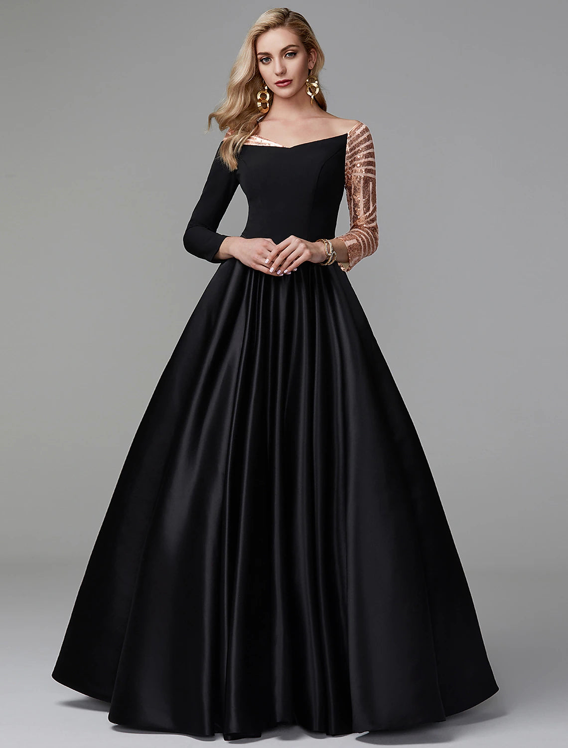 Women's Formal Event Outfit Evening Elegance Ball Gown Vintage Dress Quinceanera Formal Evening Floor Length Long Sleeve Off Shoulder Satin with Sequin