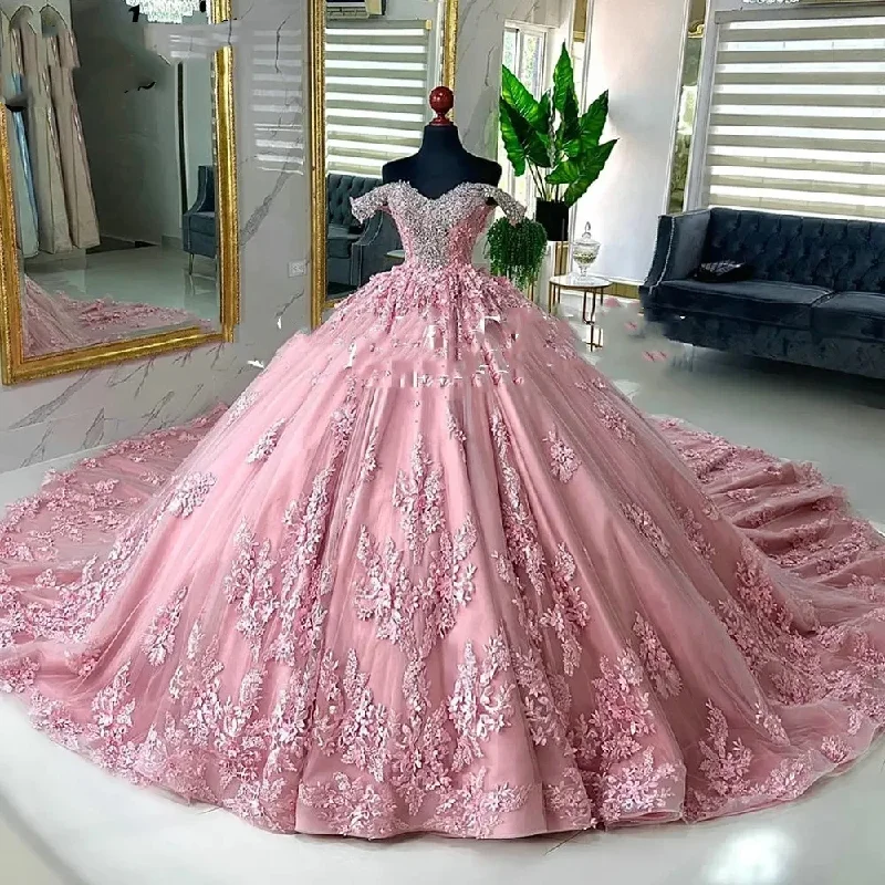 Affordable Luxury Women's Apparel Classic Charm Pink Crystal Beading Off The Shoulder Ball Gown Quinceanera Dresses Appliques Lace Corset