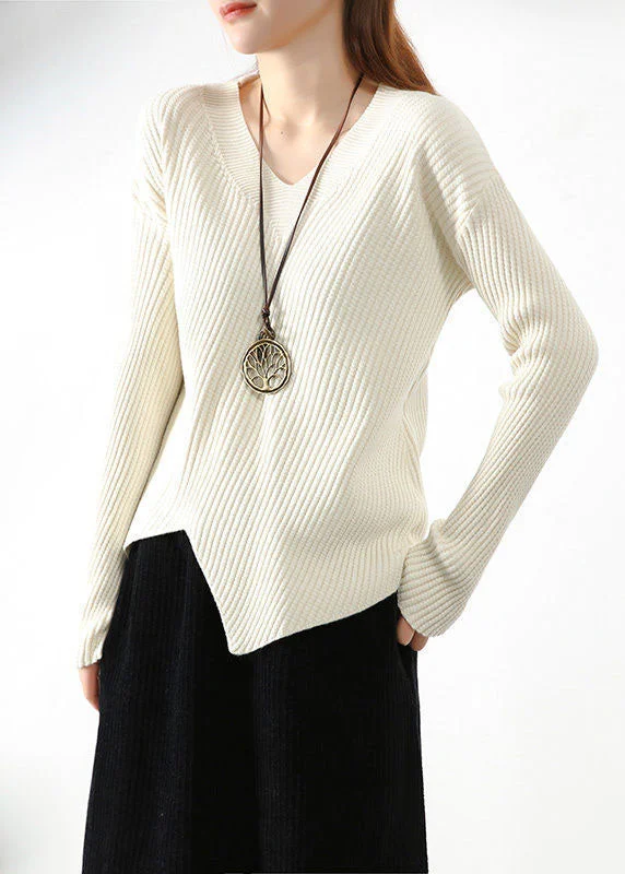 Women's Casual Wear Clothing Day-To-Night Styles Stylish Apricot V Neck asymmetrical design Fall Knit sweaters