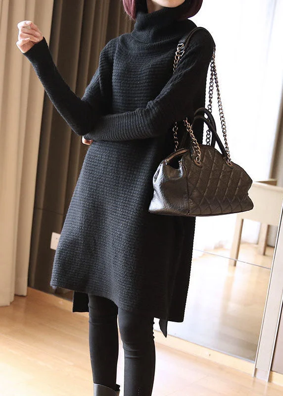 Women's Apparel And Garments Minimalist Chic Black Loose Knit Long Sweater Turtle Neck Side Open Spring