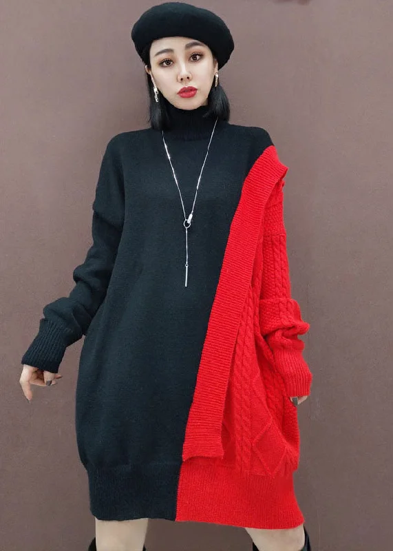 Women's Festive Attire Women’S Urban Fashion Beautiful Red Turtle Neck Patchwork Knitwear Dress Winter