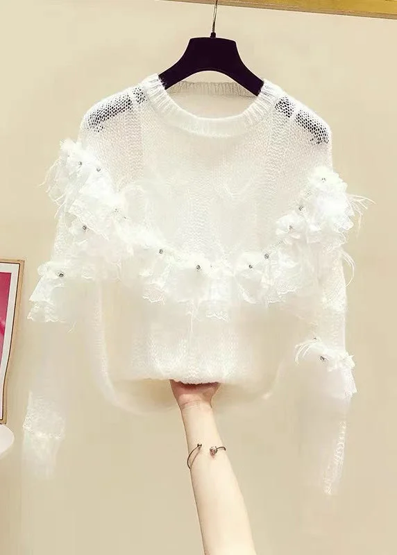 Women's Charming Outfit For Events Limited Edition Novelty White Patchwork Nail Bead Floral Knit Sweaters Spring