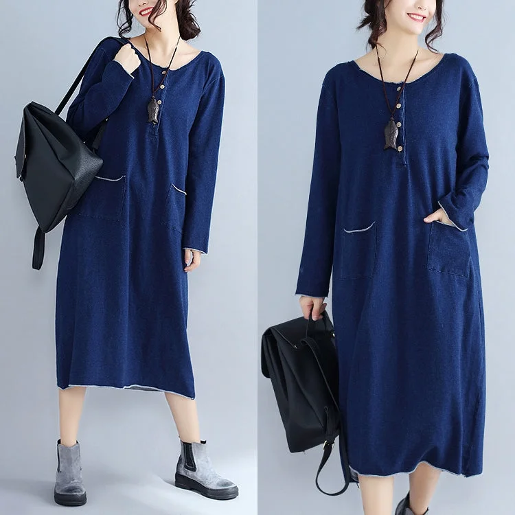 Women's Vacation Outfit Limited Time Flash Sale baggy new navy fashion casual knit dresses loose long sleeve pockets sweater dress