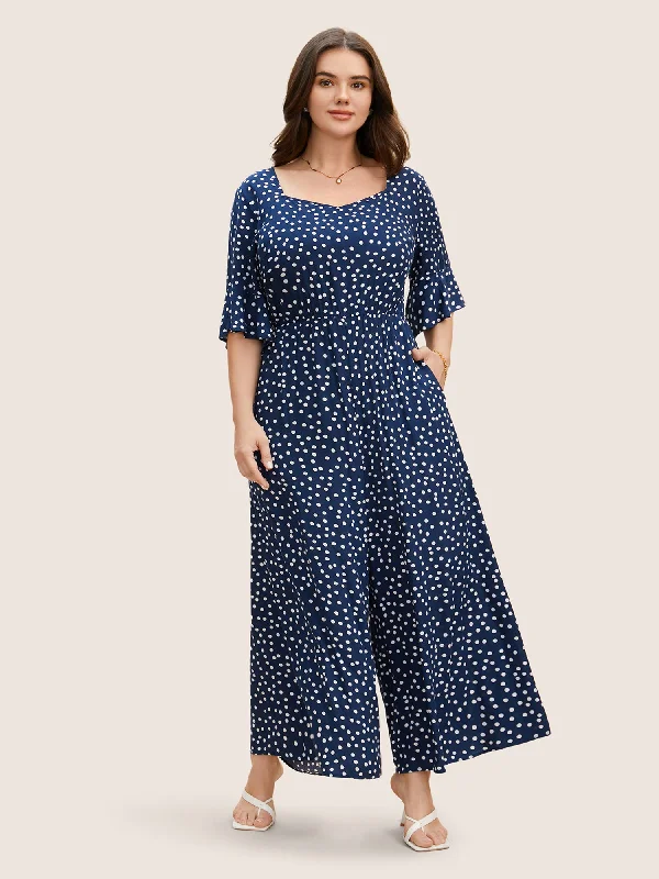 Fashionable Women's Clothes Seasonal Trends Rayon Heart Neckline Polka Dot Ruffles Jumpsuit