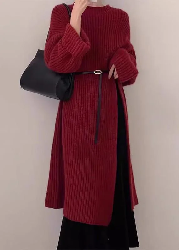 Women's Elegant Formal Outfit Hot Deals Chic Red O Neck Side Open Knit Long Sweater Winter