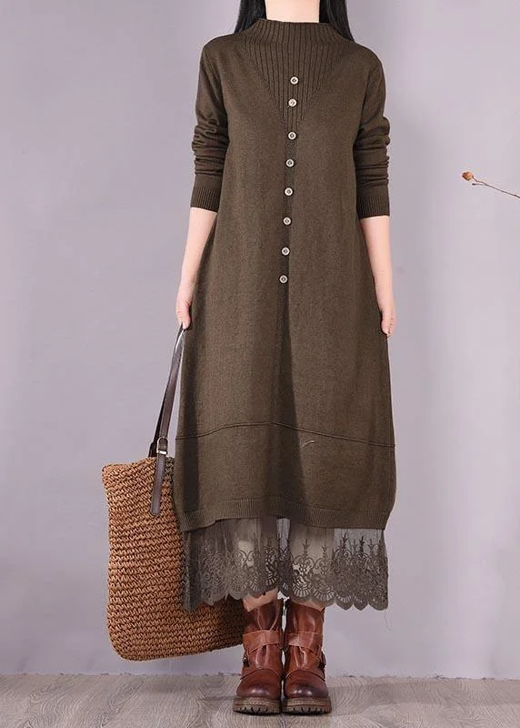 Sustainable Women's Clothing Summer Fashion DIY O Neck Patchwork Lace Spring Tunics Linen Chocolate A Line Dress