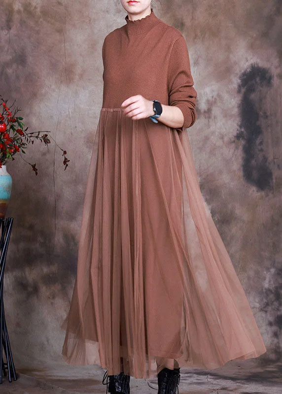 Comfortable Lounge Clothing Seasonal Trends Chocolate Stand Collar Knit Dress Asymmetrical Spring