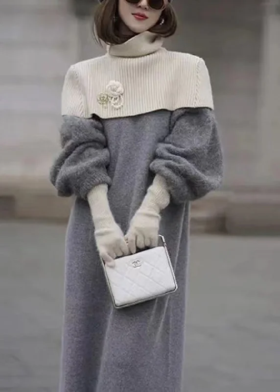 Women's Transitional Garments Artful Design Italian Grey O Neck Woolen Sweater Dress Lantern Sleeve