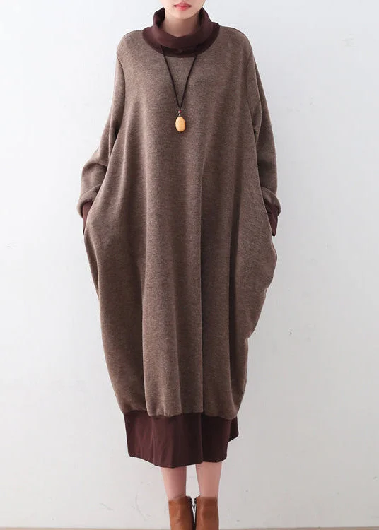 Charming Women's Outfit For Special Occasions Elevate Your Wardrobe Chunky brown sweater dresses Loose fitting pullover boutique high neck winter dress patchwork