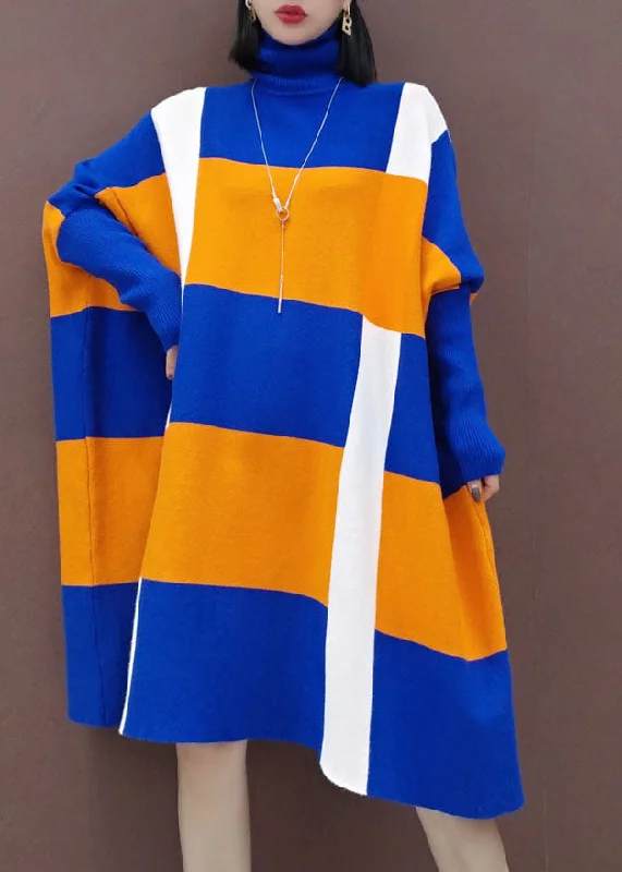 Women's Casual Garments Romantic Flair Blue orange Knit Dresses Batwing Sleeve Spring