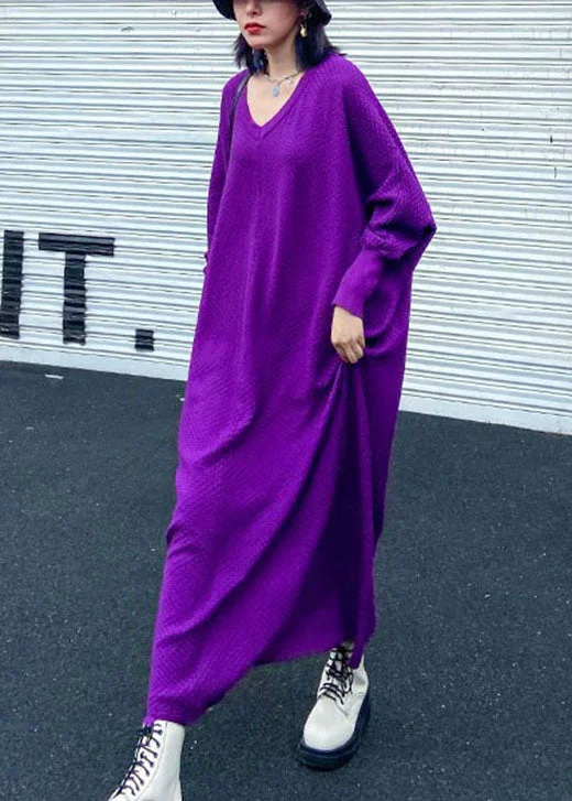 Women's Active Clothing Trend Alert Art Purple V Neck Loose Casual Fall Long Knit Dress