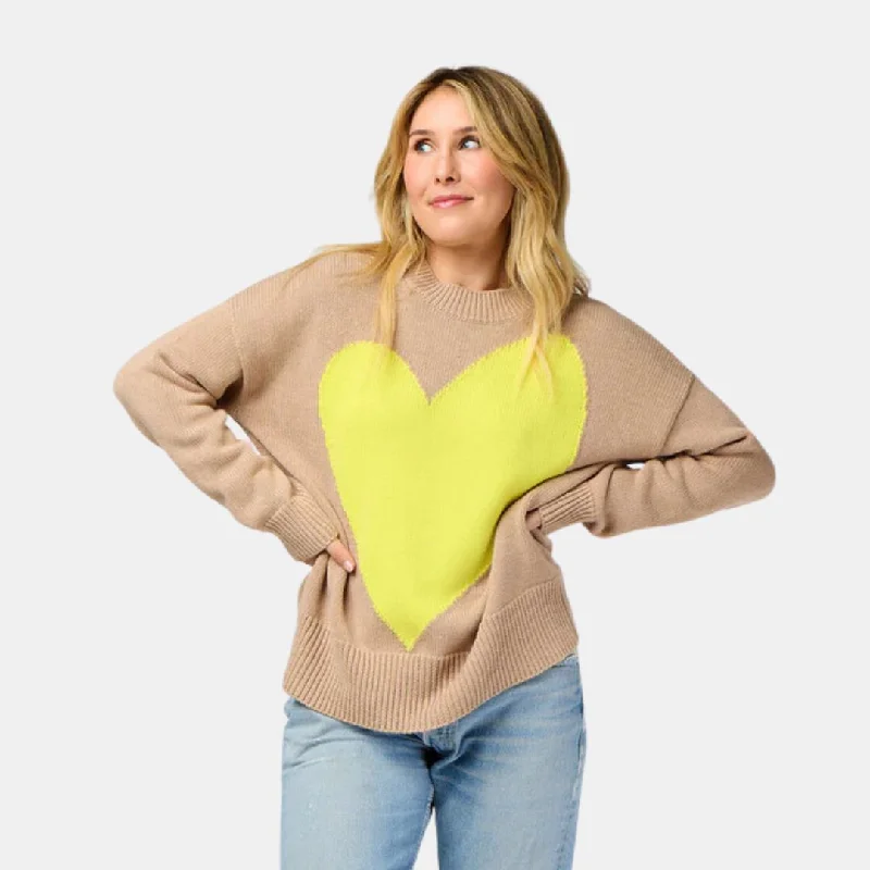 Women's Elegant Outfit Seasonal Fashion Benton Imperfect Heart Sweater (Taupe + Citron)