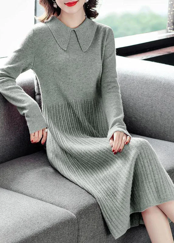 Women's Comfy Attire For Lounging Versatile Outfits Modern Green Solid Color Peter Pan Collar Wrinkled Knit Sweater Dress Long Sleeve