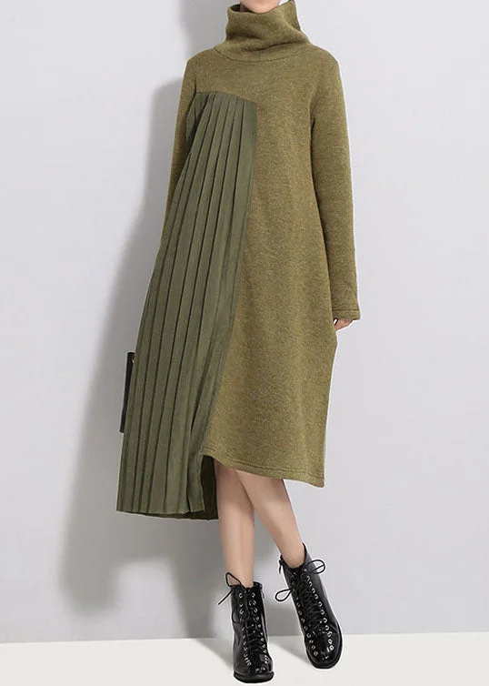 Women's Work Outfit For The Office Limited-Time Offer Army Green Silk Patchwork Thick Knit Dress Spring