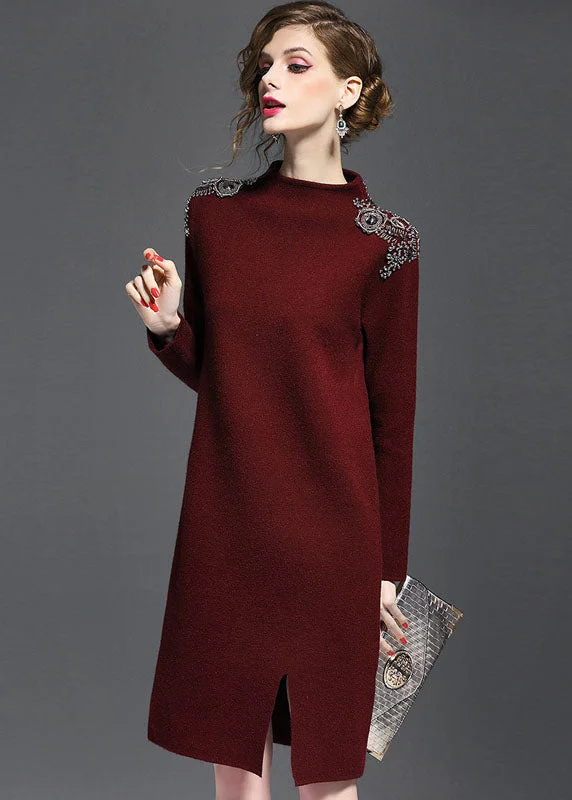 Classic Women's Apparel Nordic Minimalist Home Look Chic Mulberry Turtle Neck Side Open Knit Sweater Dress Long Sleeve